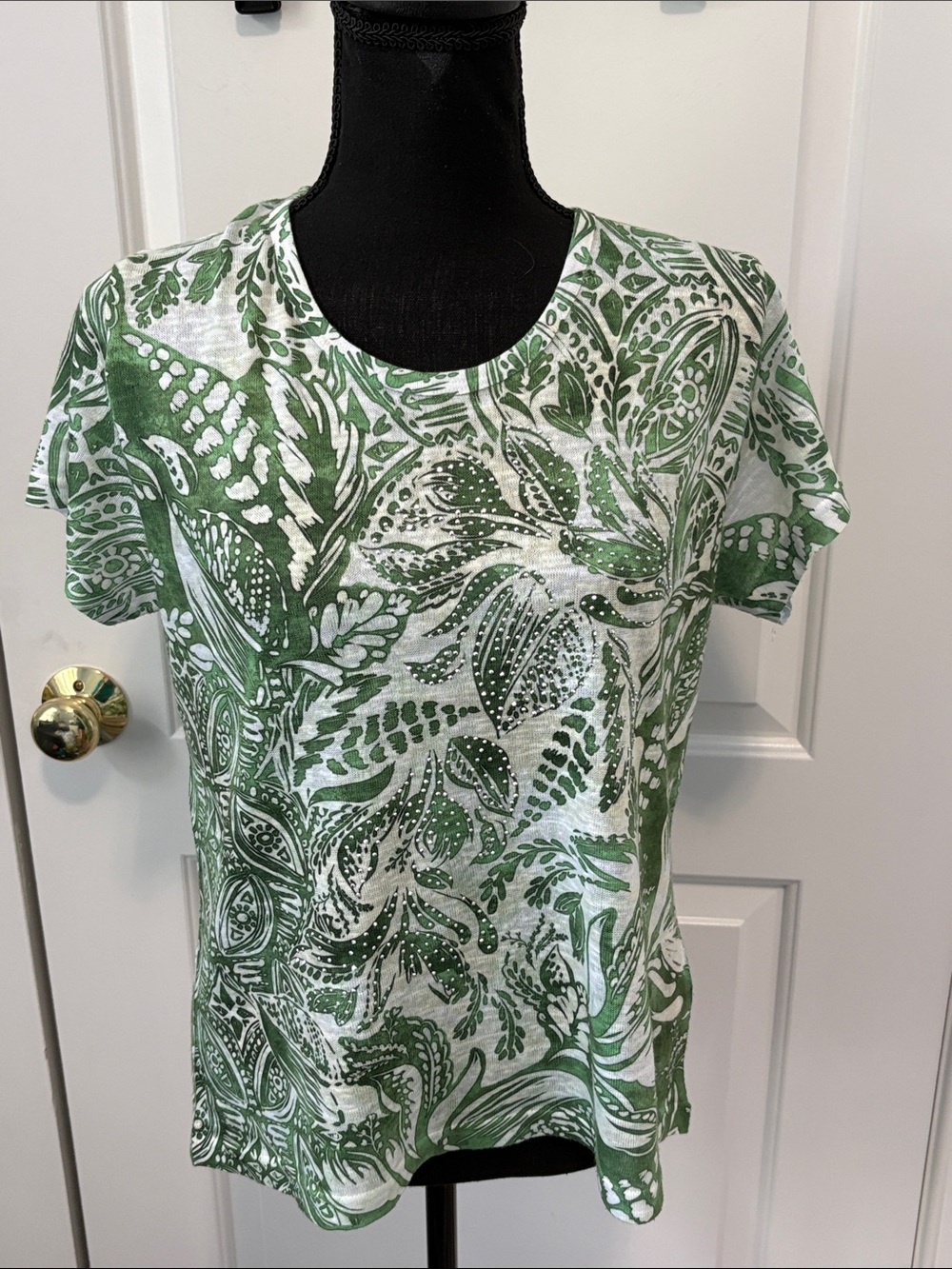 Milano Green & White Short Sleeve Embellished Botanical Print Top